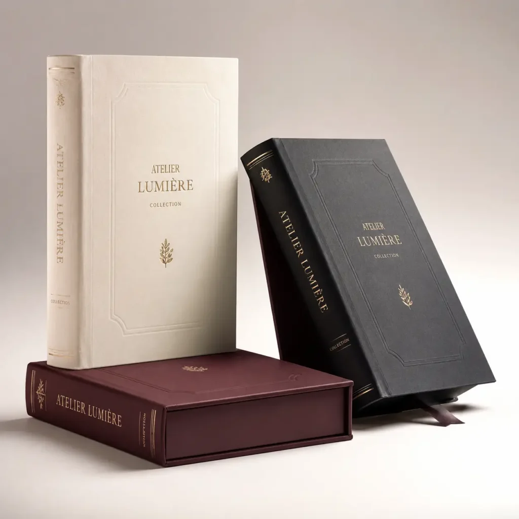 Three luxury Atelier Lumière book-style packaging boxes in cream, charcoal, and burgundy with gold foil typography