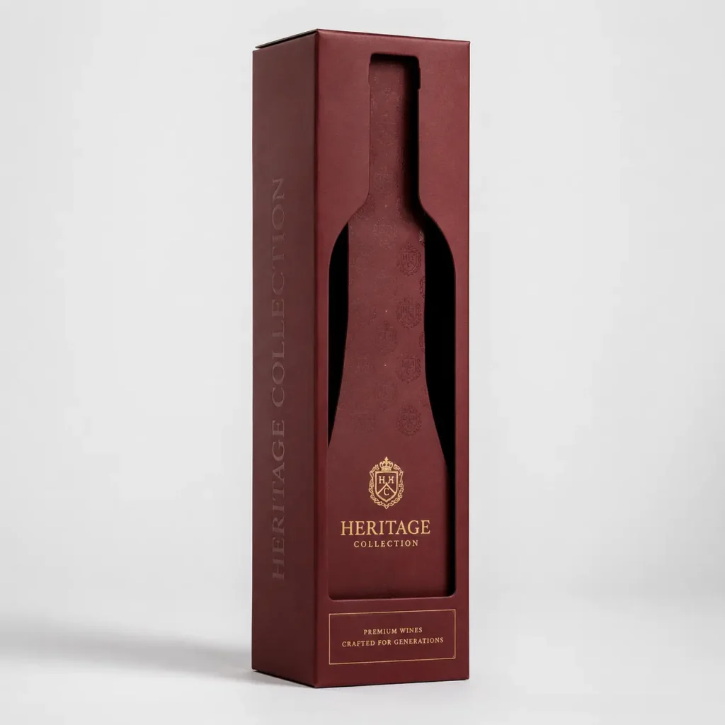 Luxury wine gift box packaging in deep burgundy with gold Heritage Collection branding and bottle-shaped window cutout