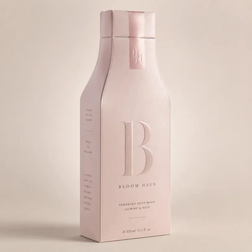 Bloom Haus luxury pink body wash packaging box with embossed B logo, jasmine rose scent, 300ml, plant-based, made in England