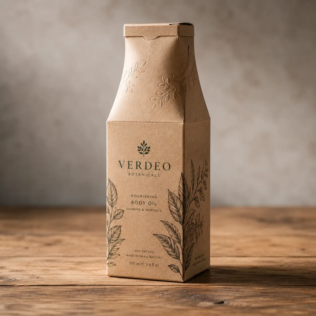 Verdeo Botanicals kraft paper body oil eco packaging with botanical engravings on rustic wood, natural sustainable beauty product design