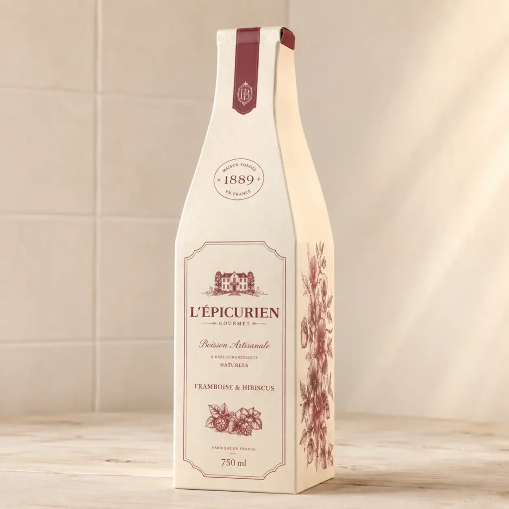 Elegant cream paper bottle packaging for L'Épicurien Gourmet raspberry hibiscus artisan drink, burgundy botanical design, 750ml French product