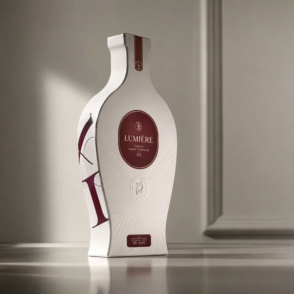 Lumière XO Cognac Grande Champagne white luxury bottle packaging with burgundy label, embossed sunburst design, product of France