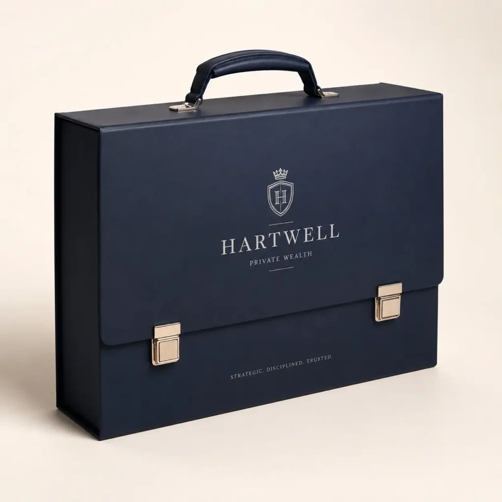 Navy blue luxury briefcase packaging with gold clasps, Hartwell Private Wealth branding, premium custom corporate gift box design