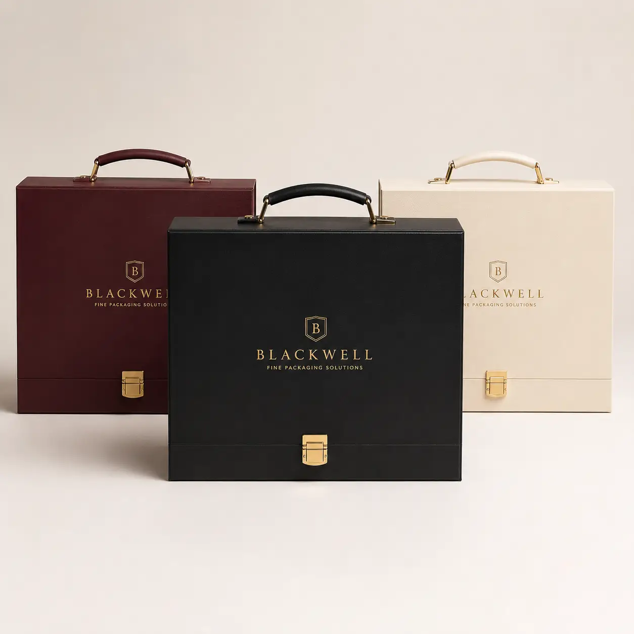 Three luxury Blackwell briefcase gift boxes in black, burgundy, and cream with gold clasps and handles for premium packaging