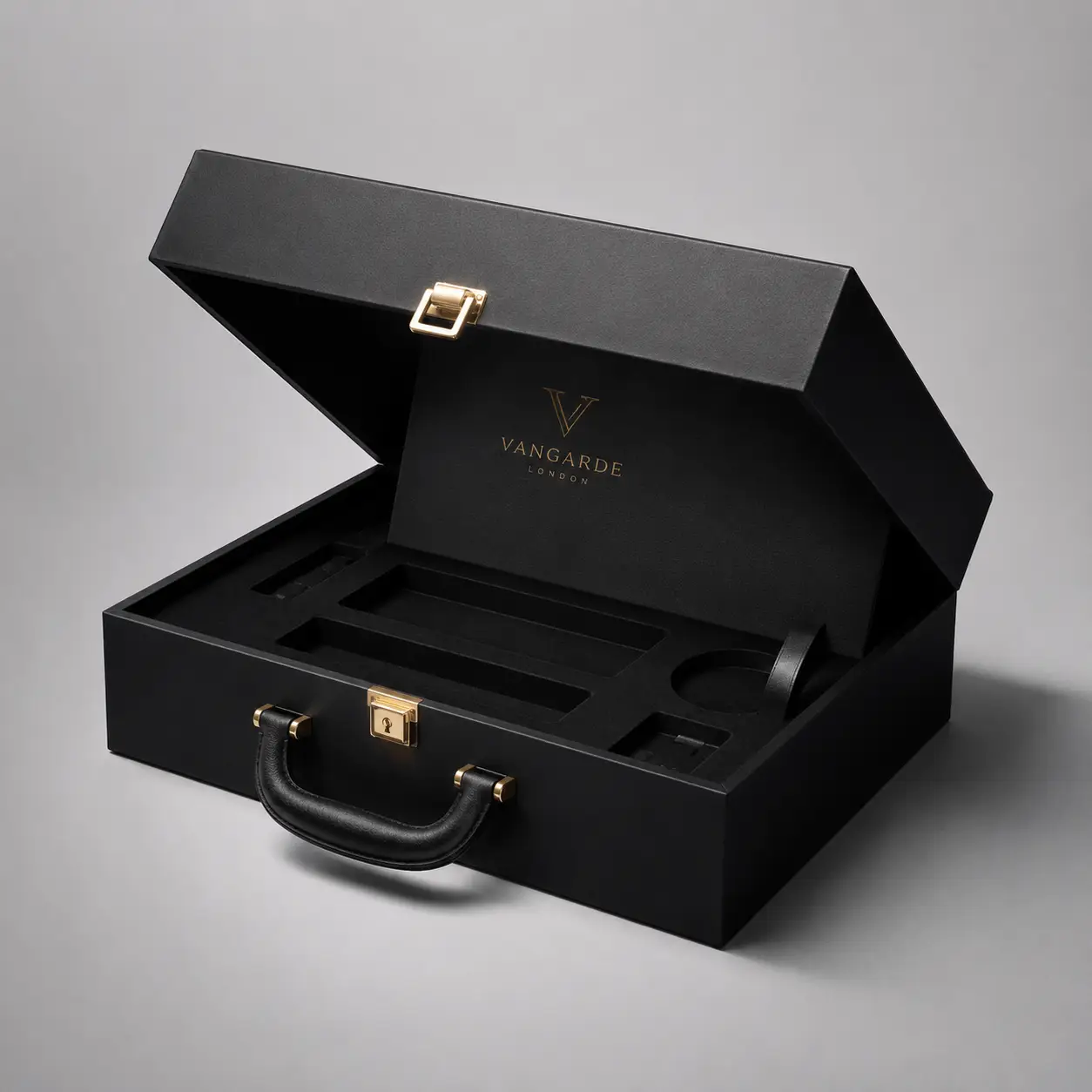 Luxury black briefcase gift box with gold hardware and Vangarde London branding, open foam interior, premium packaging design