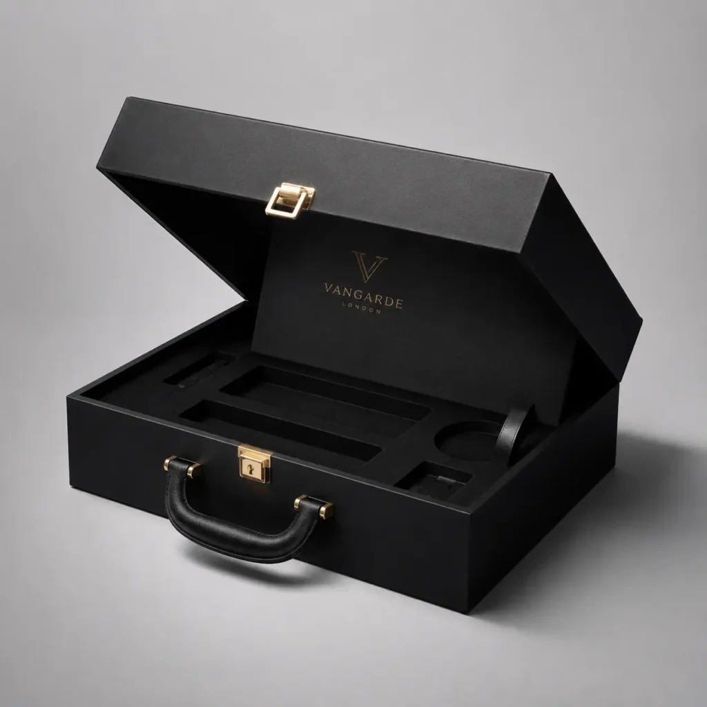 Luxury black briefcase gift box with gold hardware and Vangarde London branding, open foam insert, premium custom packaging