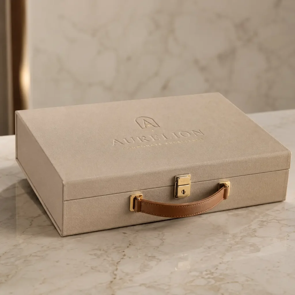 Luxury beige suede gift box with gold lock, brown leather handle, embossed Aurelion logo on marble surface