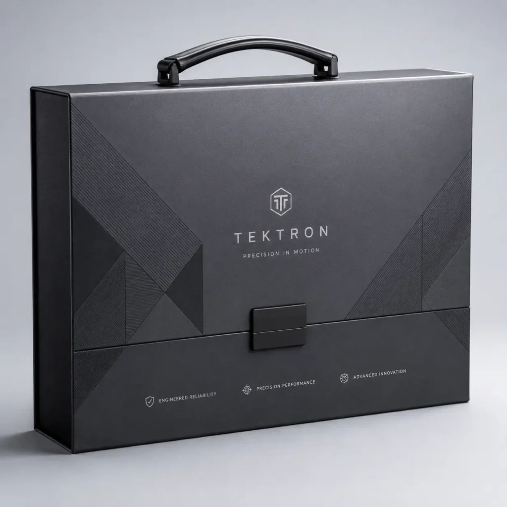 Sleek matte black Tektron luxury briefcase packaging with geometric embossed design, handle, and silver branding on gray background