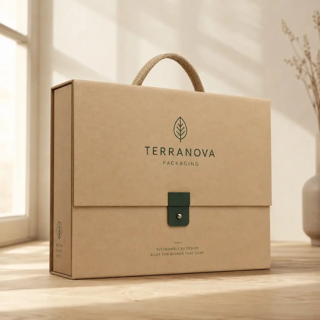 Kraft cardboard briefcase gift box with rope handle, dark green leather clasp, Terranova Packaging logo, sustainable eco packaging design