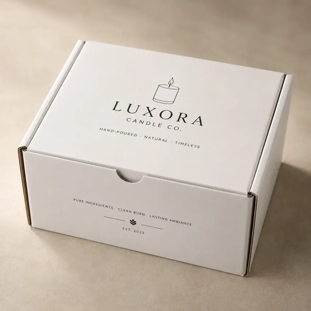 White Luxora Candle Co. mailer box with minimalist black logo, hand-poured natural candle packaging, EST. 2023, clean luxury branding