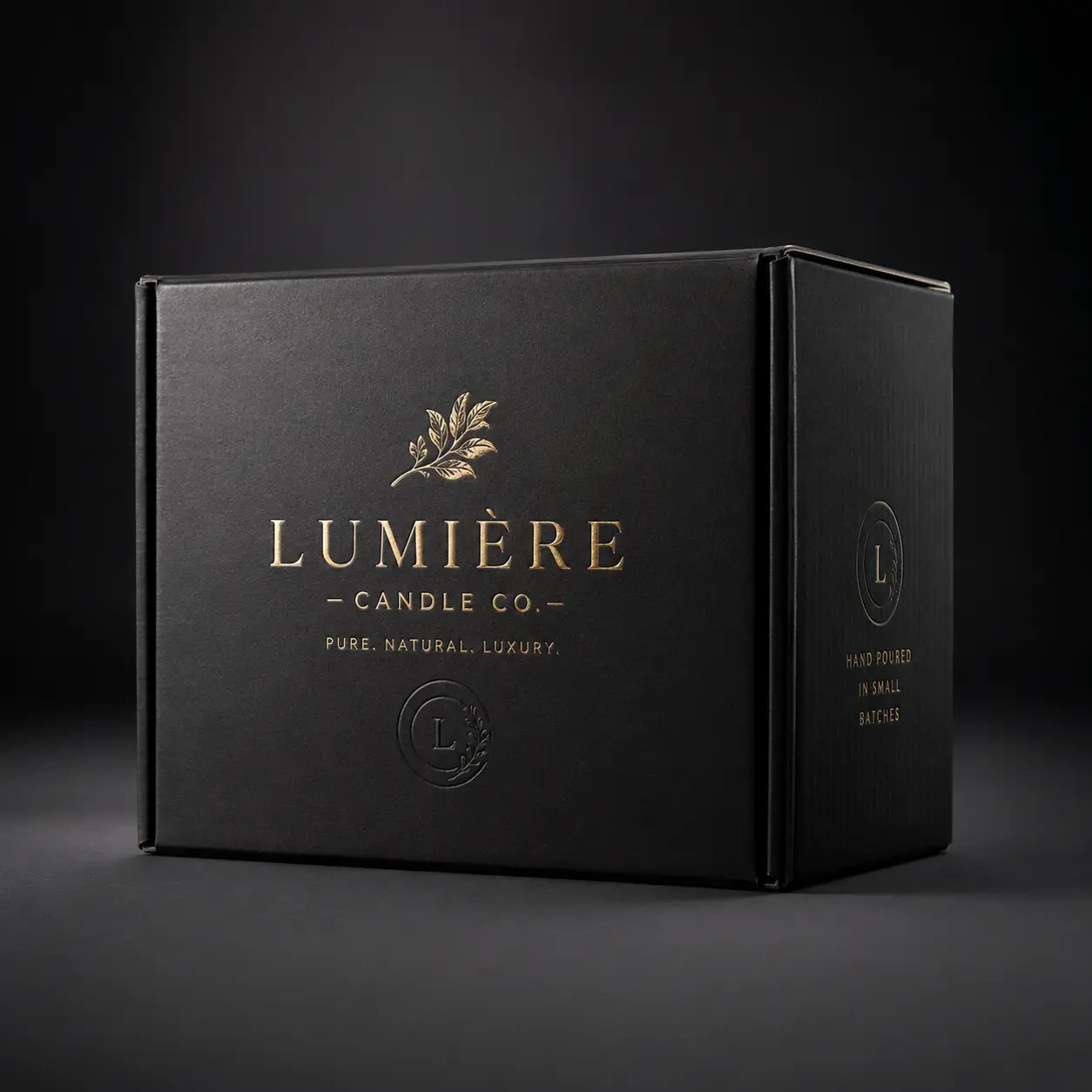 Luxury black matte candle box with gold foil Lumière Candle Co. branding, embossed logo, premium custom packaging design
