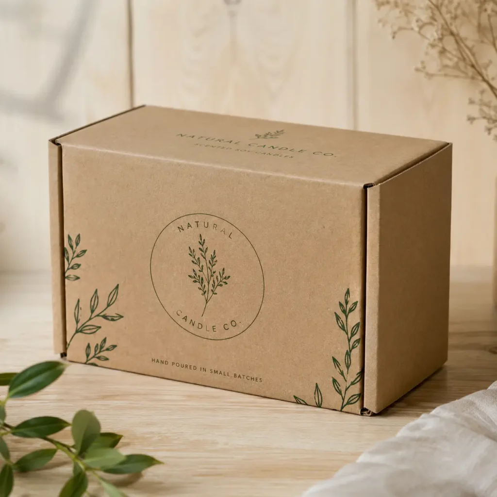 Kraft brown custom printed cardboard box with green botanical logo for Natural Candle Co on wooden surface