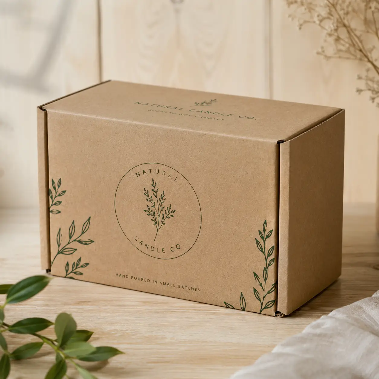 Kraft brown custom printed cardboard box with green botanical logo for Natural Candle Co on wooden surface