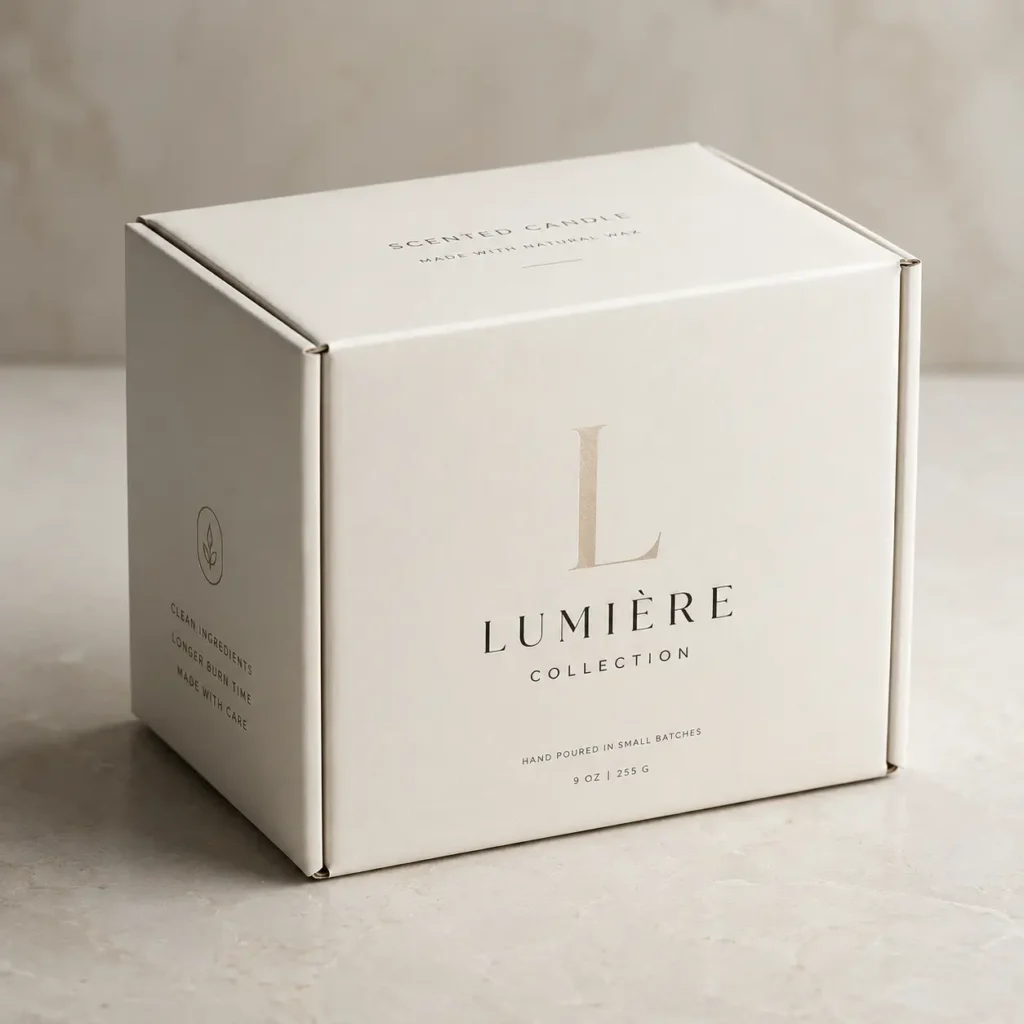 Lumière Collection luxury scented candle white gift box packaging, 9oz natural wax, hand poured small batches, minimalist design