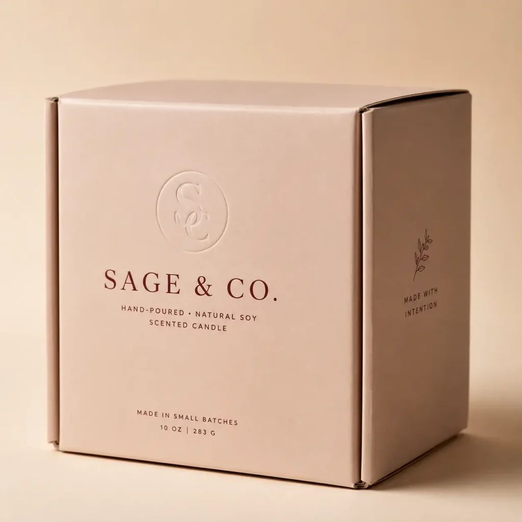 Blush pink Sage & Co. luxury candle box packaging, hand-poured natural soy, embossed logo, minimalist elegant design, 10oz