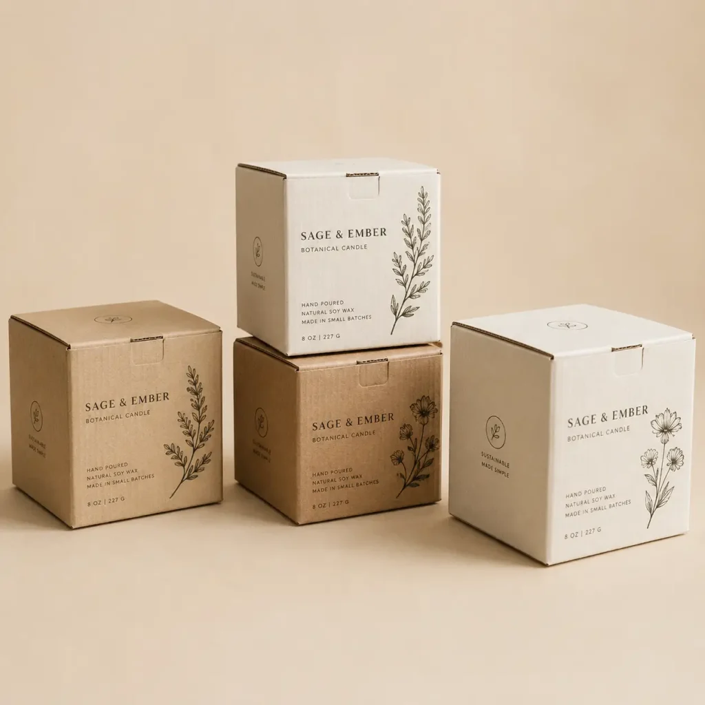 Four Sage & Ember botanical candle boxes in kraft brown and white with floral illustrations, 8oz natural soy wax packaging design