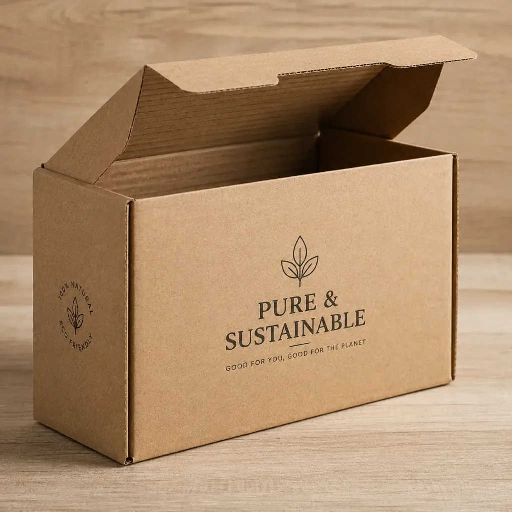 Open kraft brown corrugated eco-friendly mailer box printed with Pure & Sustainable branding on wooden surface