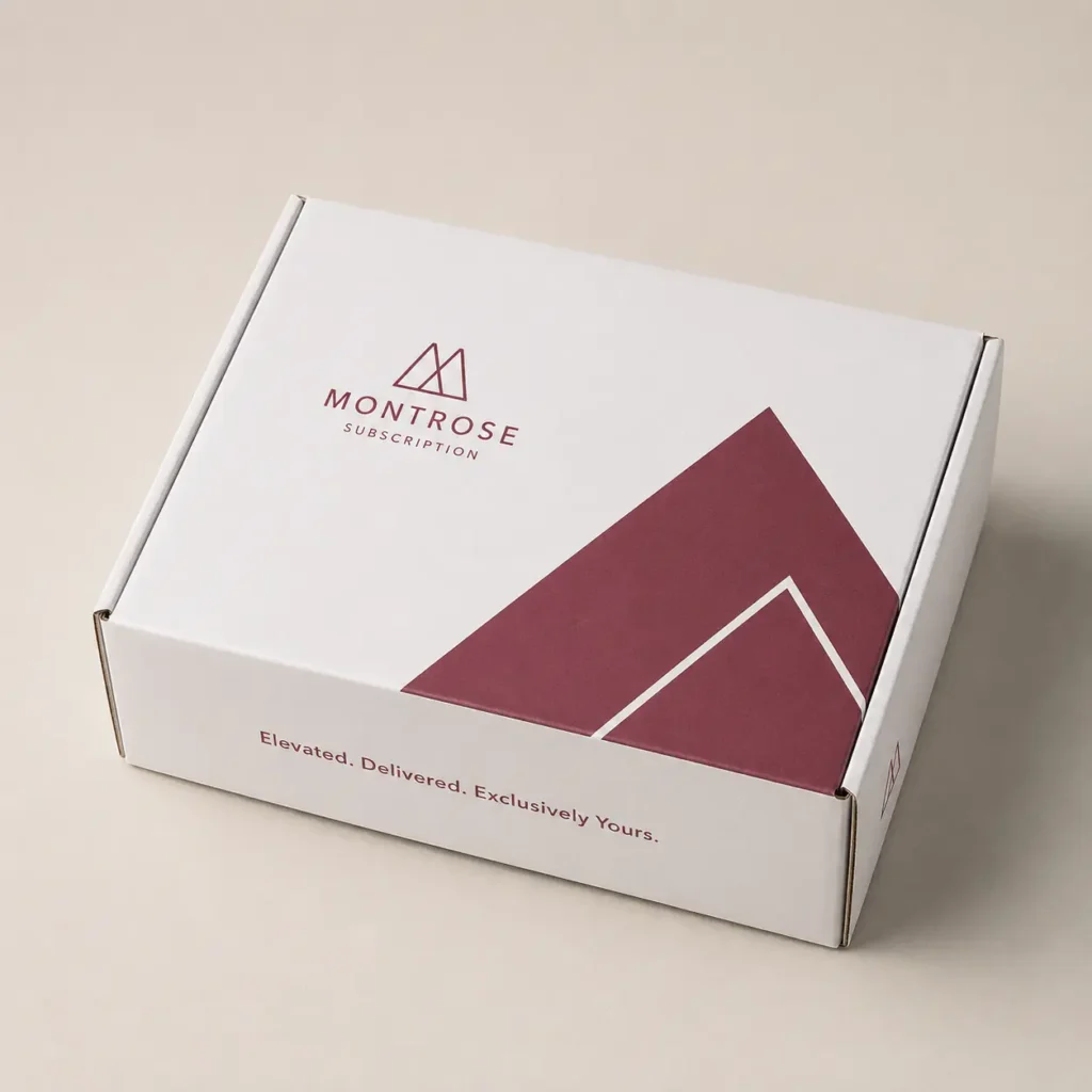 White Montrose Subscription mailer box with burgundy mountain logo and tagline Elevated Delivered Exclusively Yours on beige background