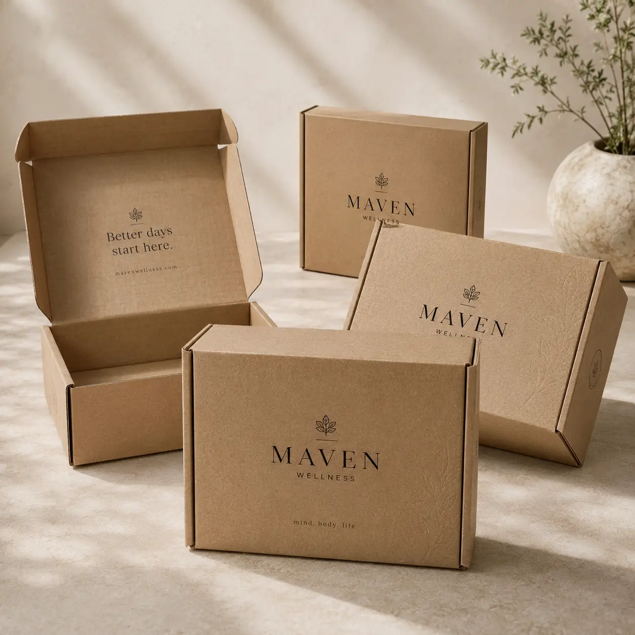 Kraft brown Maven Wellness custom mailer boxes with minimalist logo on neutral background, eco-friendly packaging design