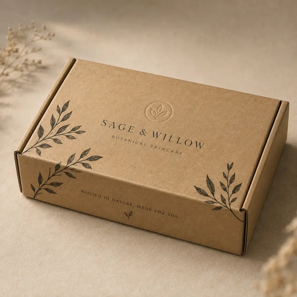 Kraft brown eco-friendly mailer box with botanical leaf prints, Sage & Willow Skincare branding, custom packaging design