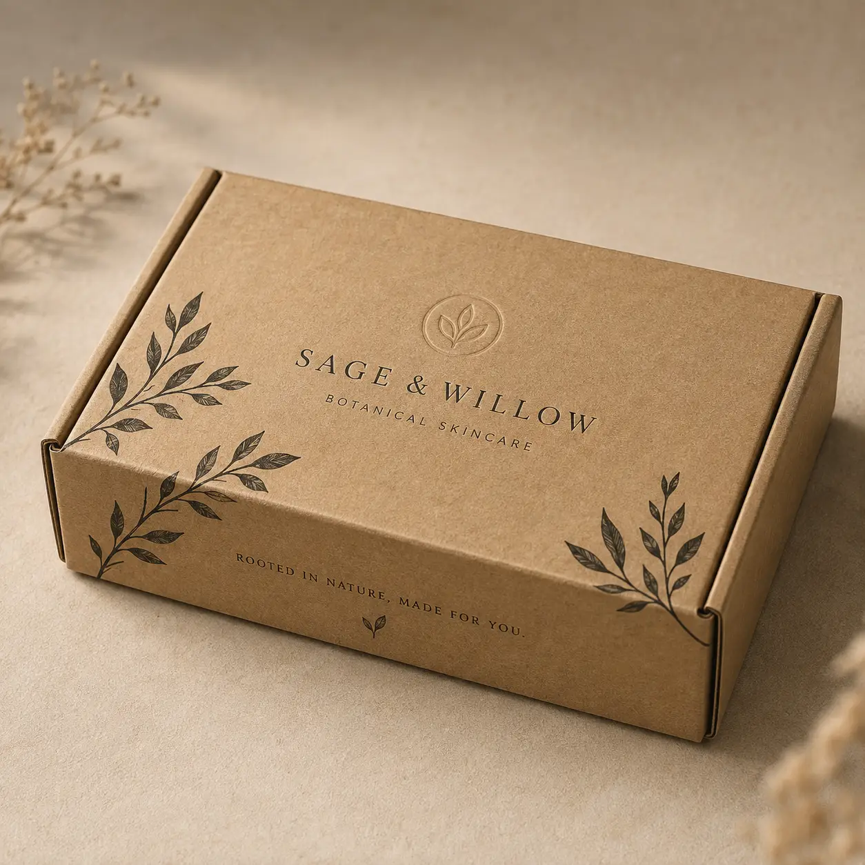 Kraft brown eco-friendly mailer box with botanical leaf prints, Sage & Willow Skincare branding, custom packaging design