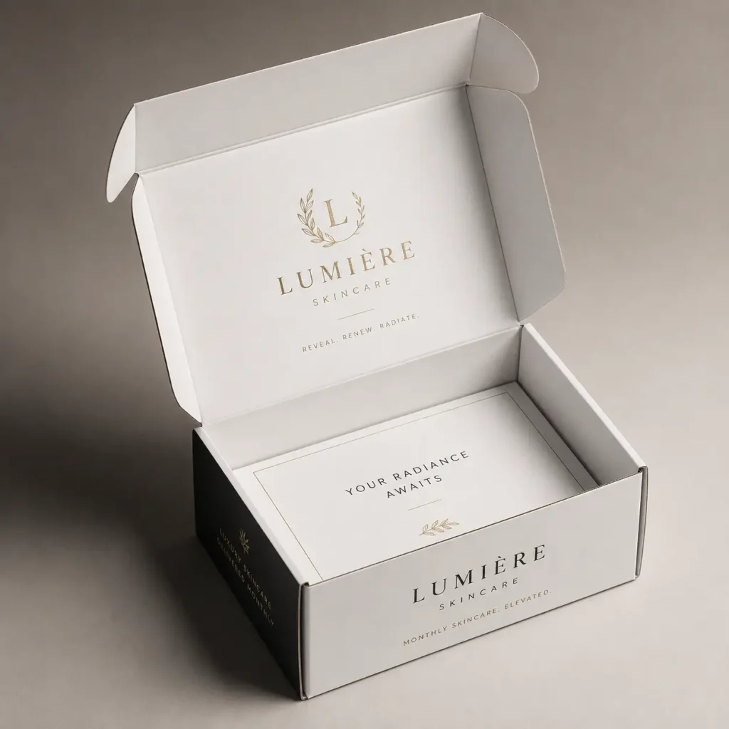 Luxury white mailer box with gold Lumière Skincare branding, open lid revealing elegant packaging insert, black exterior accent