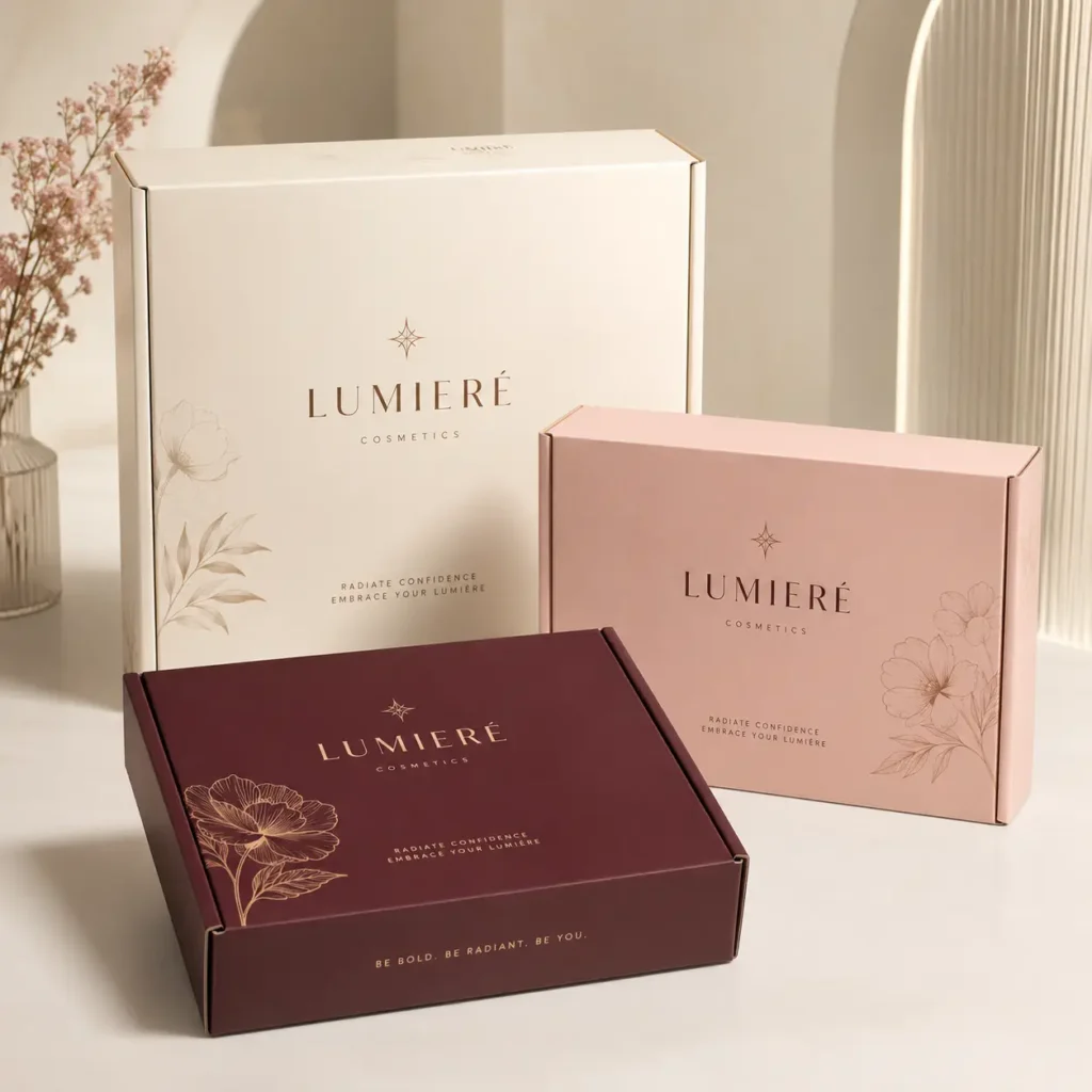 Three Lumière Cosmetics luxury gift boxes in cream, blush pink, and burgundy with gold floral designs on elegant white surface