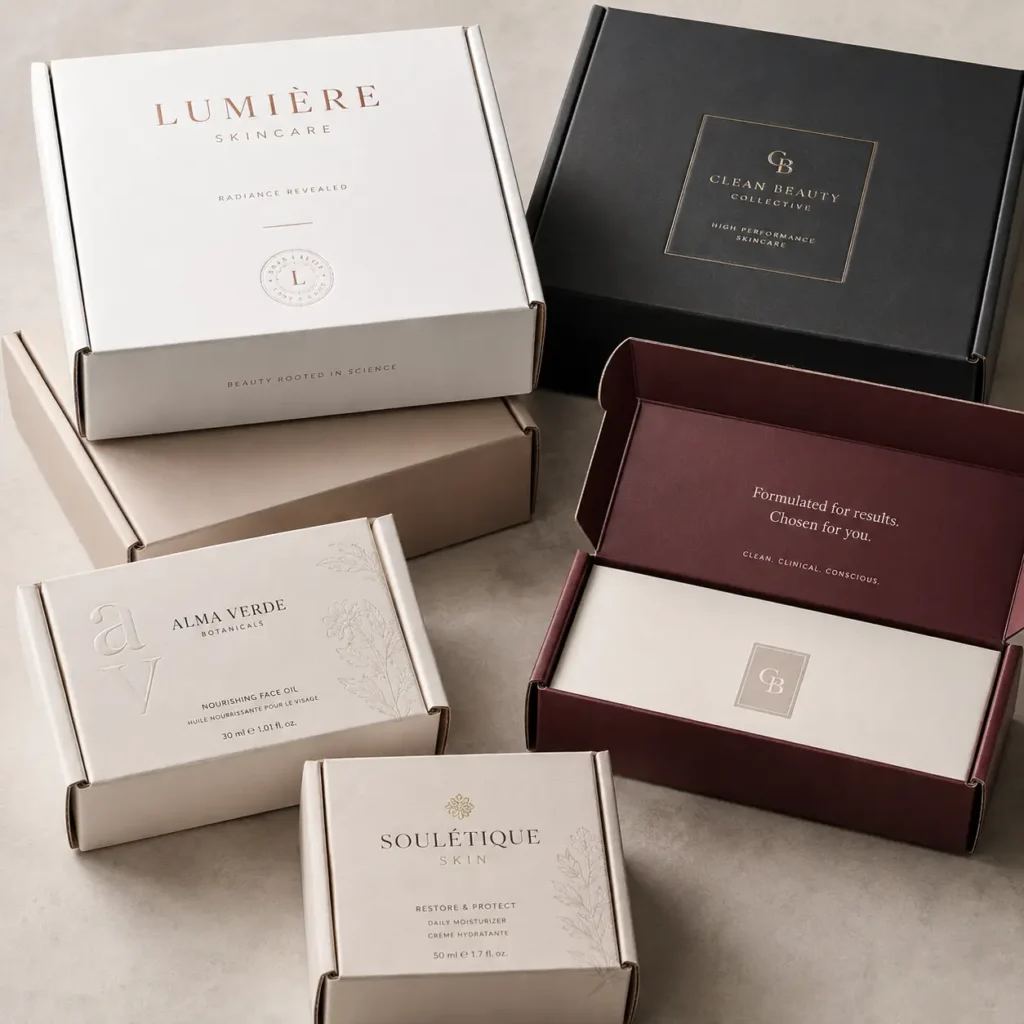 Luxury skincare packaging boxes in white, black, and burgundy featuring Lumière, Clean Beauty Collective, Alma Verde, and Soulétique brands