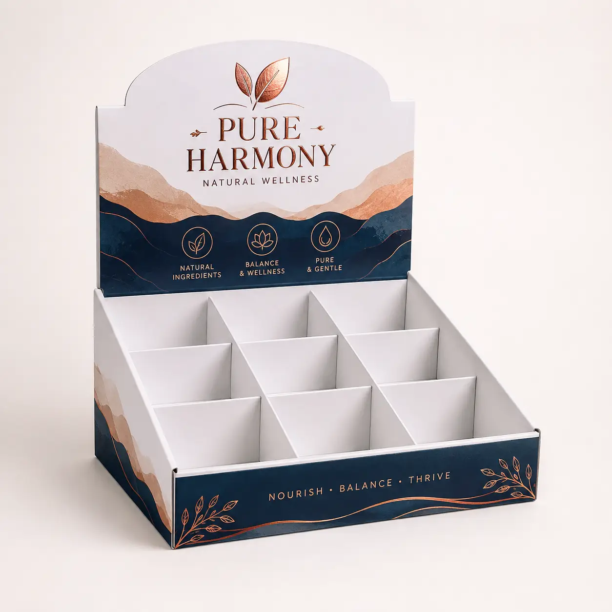 Pure Harmony Natural Wellness cardboard counter display box with navy blue, rose gold, and white design featuring 12 compartments