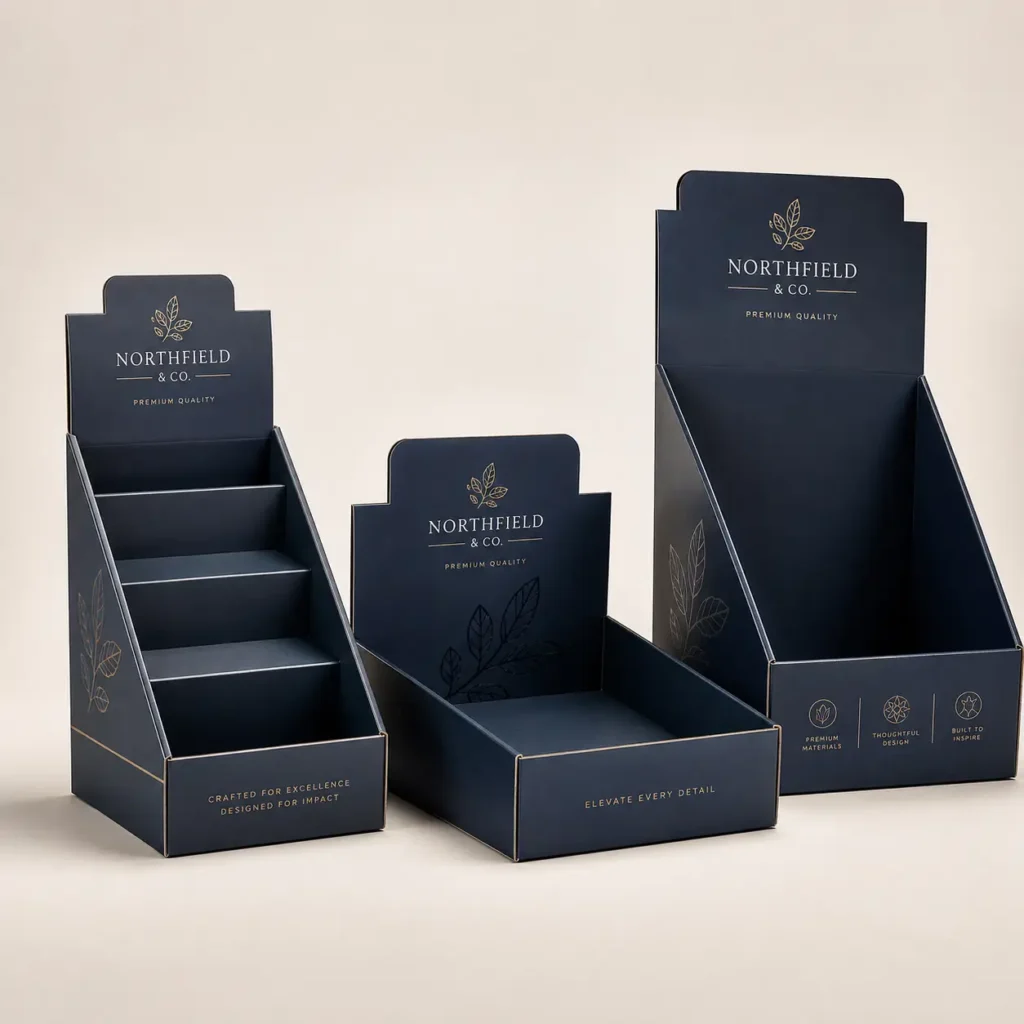 Three navy blue Northfield & Co. cardboard counter display boxes with gold foil branding, tiered retail packaging stands
