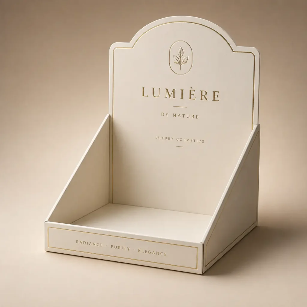 Luxury cream white cosmetic counter display box with gold foil Lumière by Nature branding, elegant retail packaging design