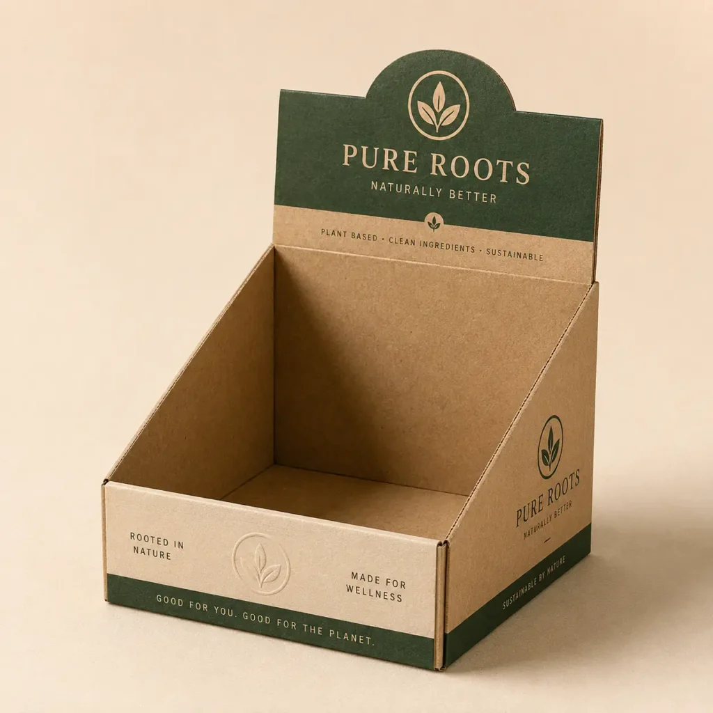 Kraft cardboard retail display box with dark green Pure Roots branding, plant-based wellness product packaging, eco-friendly design
