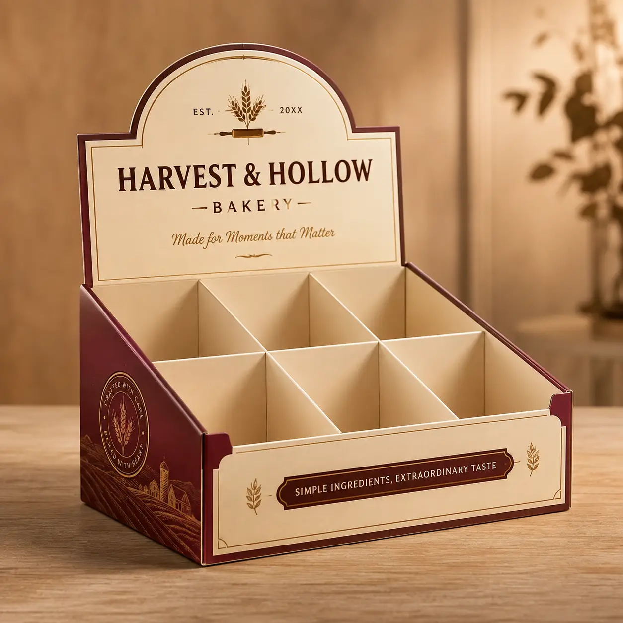 Harvest & Hollow Bakery custom cardboard counter display box with cream and burgundy dividers, rustic farmhouse branding, retail packaging