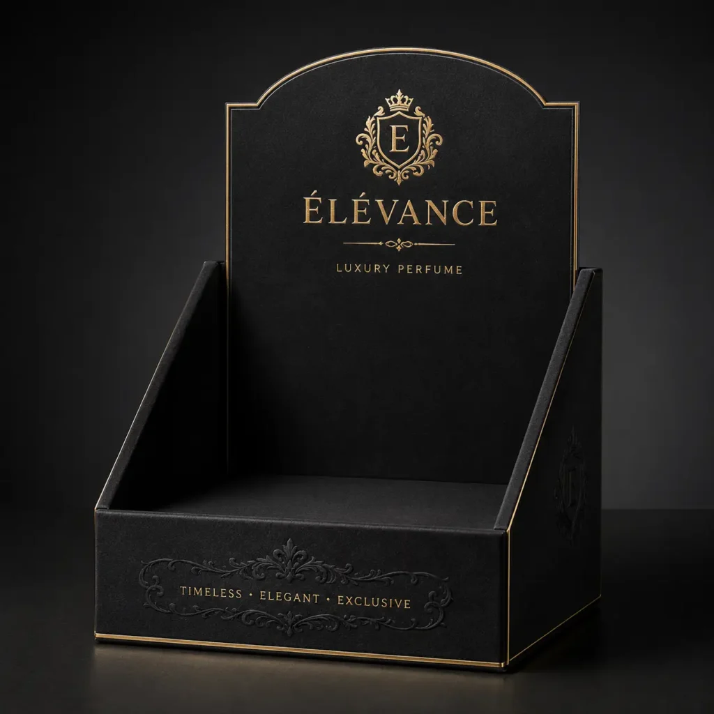 Élévance luxury perfume black gold countertop display box with ornate crest, timeless elegant exclusive branding — The Packaging Masters