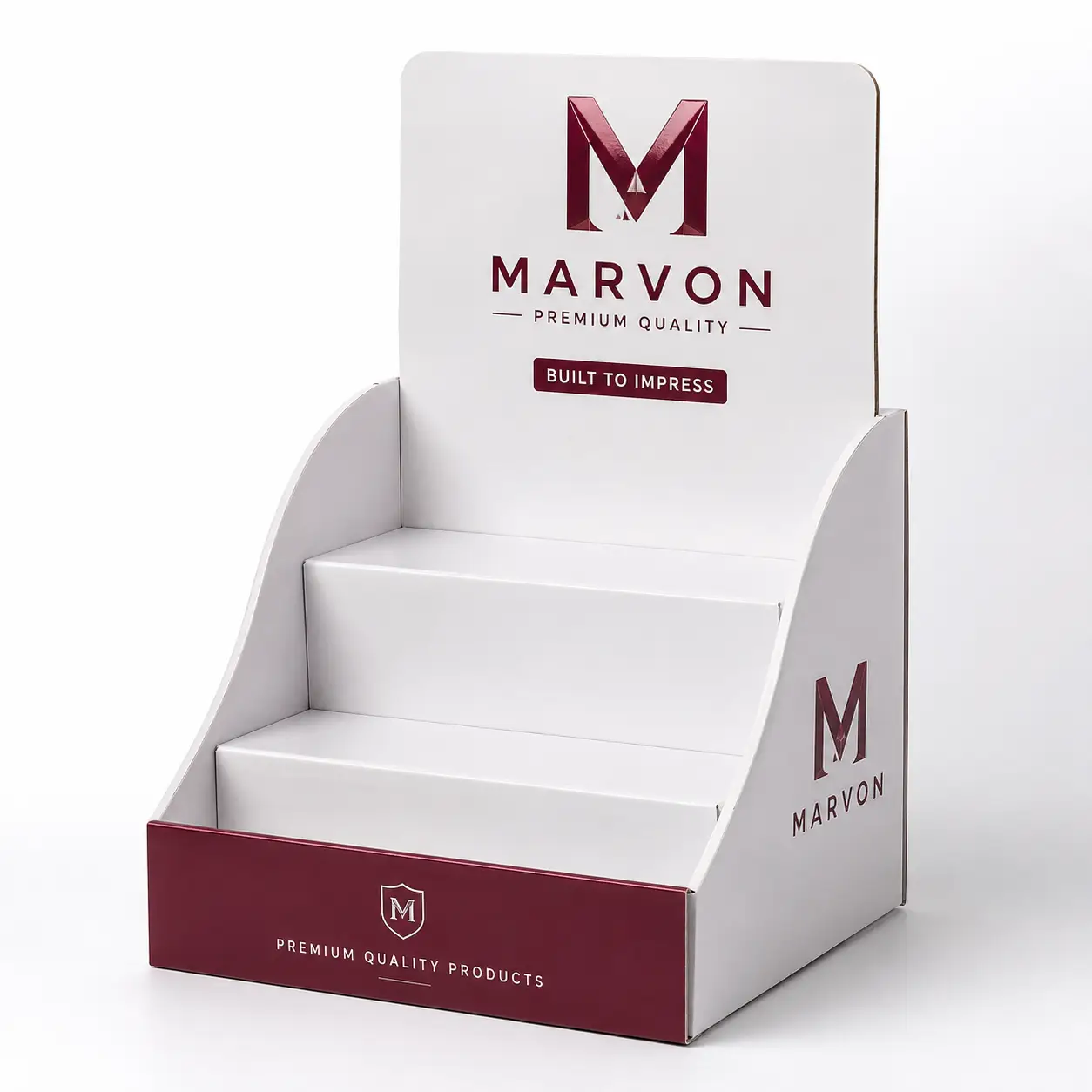 White 3-tier cardboard counter display stand with burgundy Marvon Premium Quality branding, ideal custom retail product showcase packaging