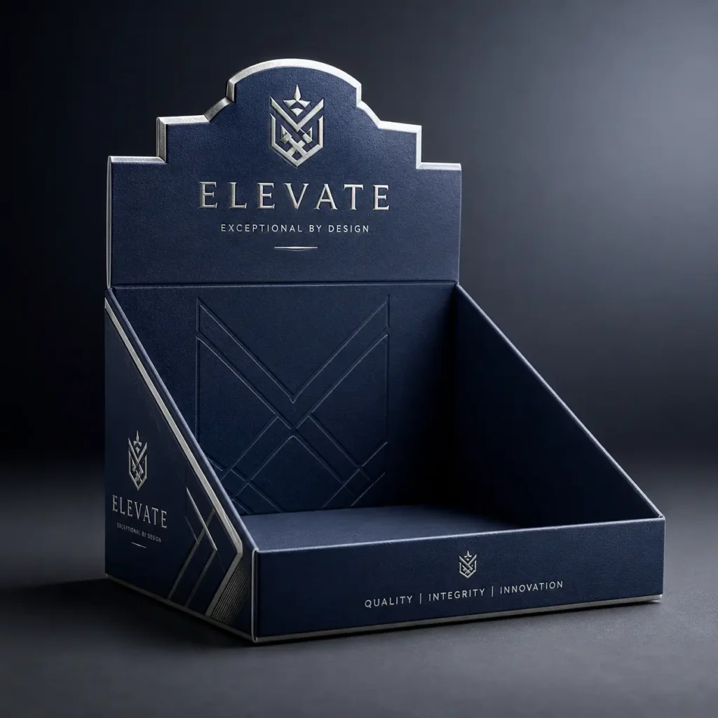 Luxury navy blue counter display box with silver foil Elevate branding, embossed geometric design, premium retail packaging by The Packaging Masters