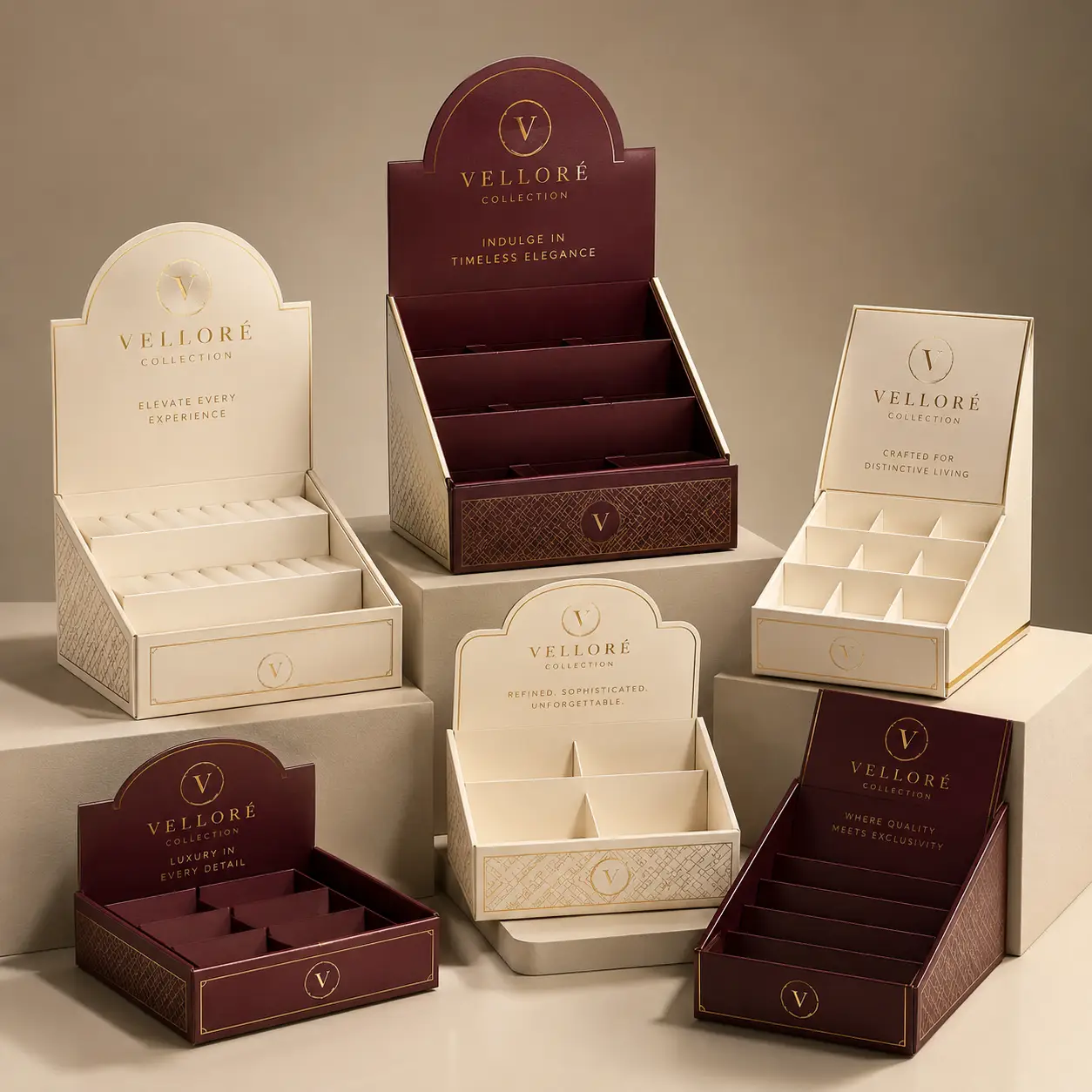 Luxury Velloré Collection cream and burgundy retail display boxes with gold foil branding, elegant product packaging design