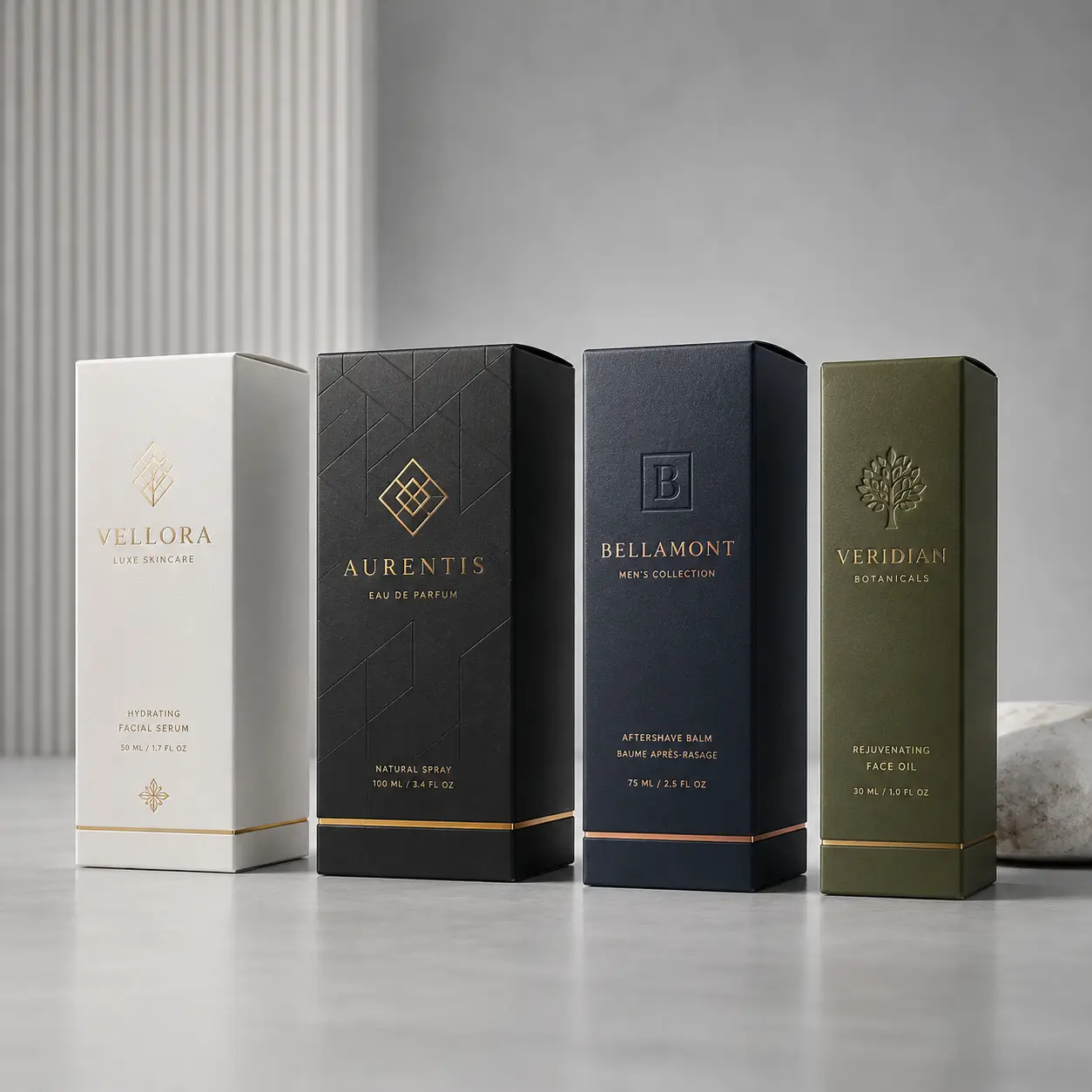 Four luxury cosmetic boxes in white, black, navy, olive green displayed on marble surface showcasing premium packaging design