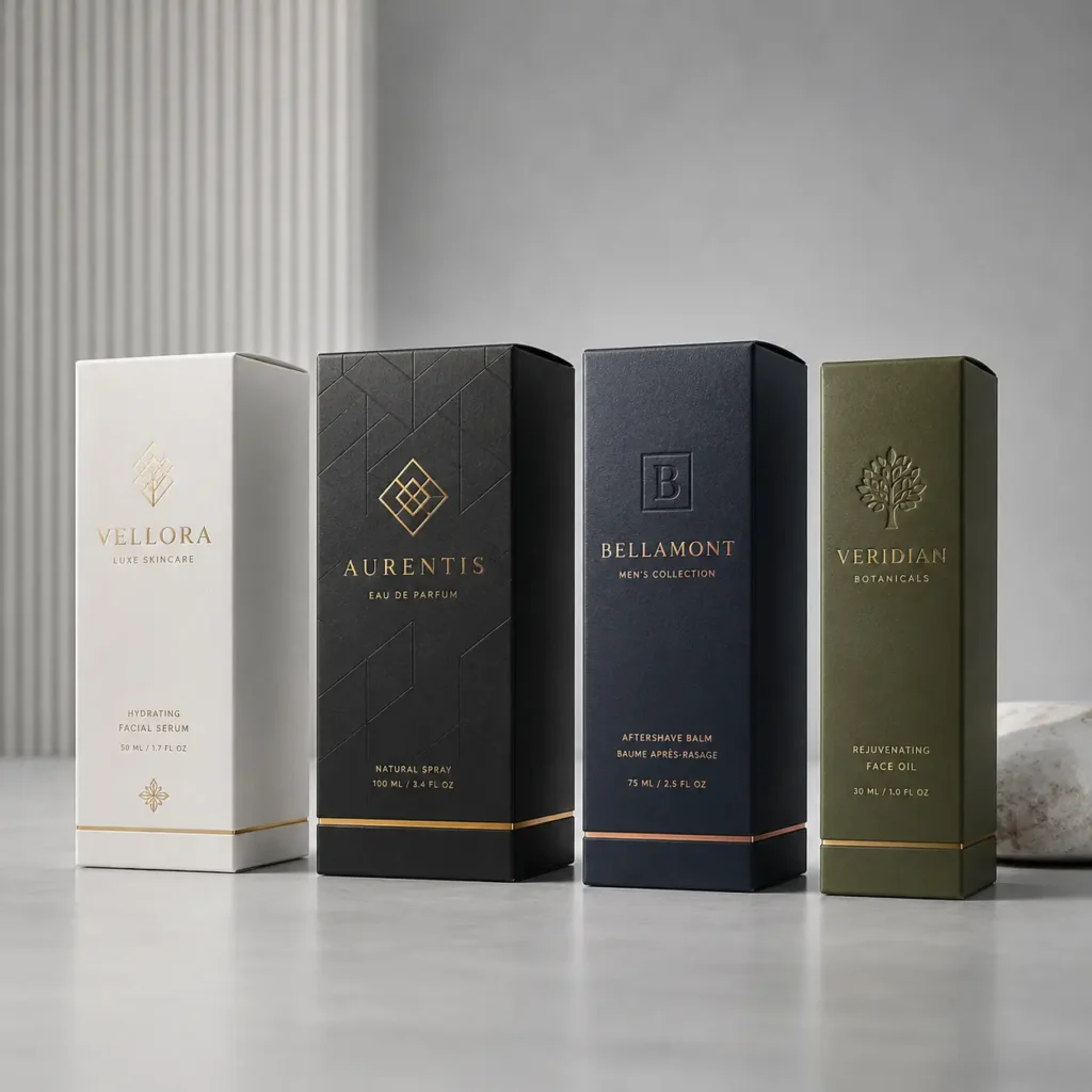 Four luxury cosmetic boxes in white, black, navy, olive green displayed on marble surface — premium skincare packaging design