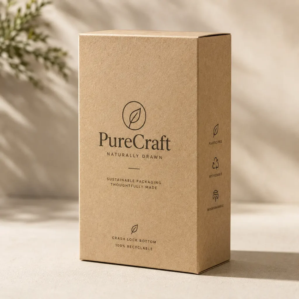 Kraft brown PureCraft eco-friendly sustainable cardboard box with recyclable biodegradable packaging on beige background