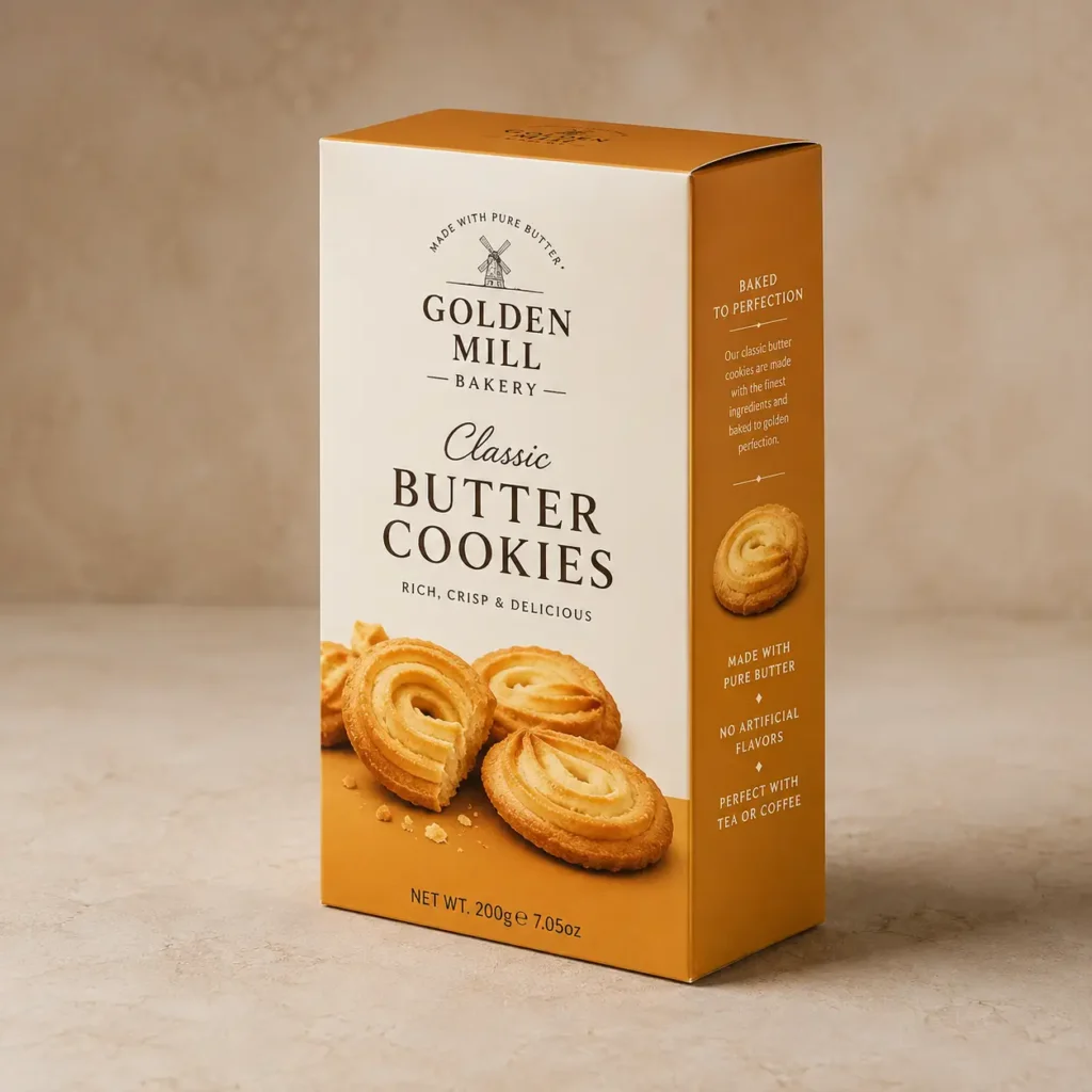 Golden Mill Bakery Classic Butter Cookies 200g box, warm amber and cream packaging, windmill logo, crisp cookies displayed front