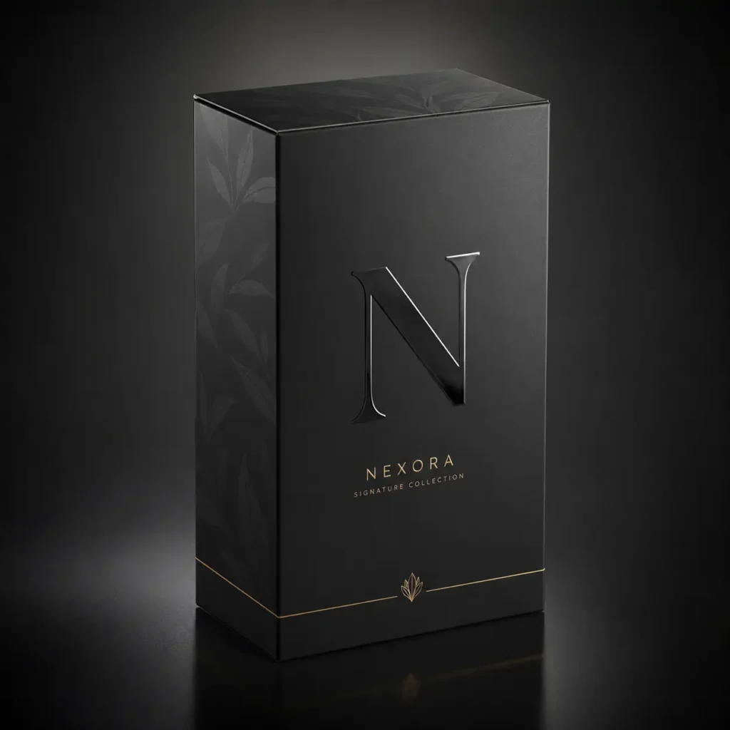Nexora Signature Collection luxury black perfume box with gold accents, embossed N logo, and dark floral pattern on matte packaging