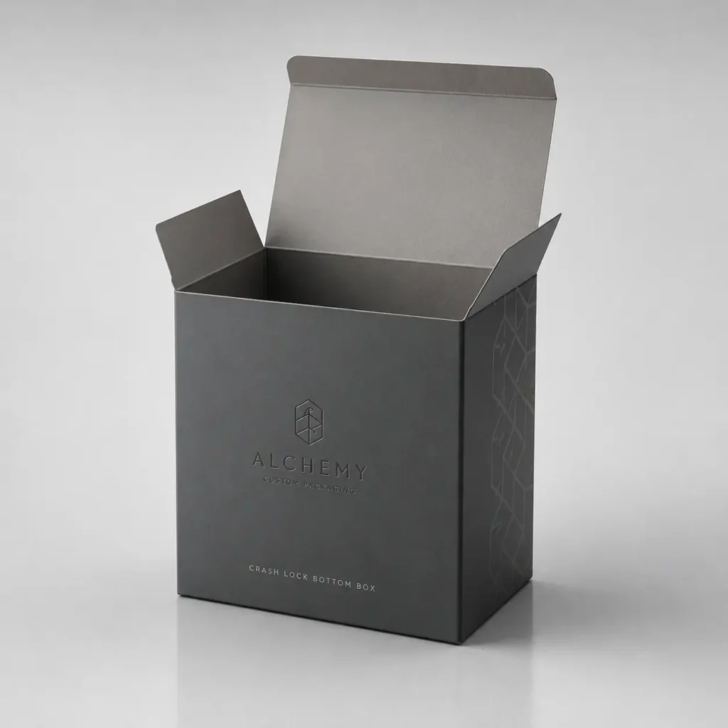 Dark gray crash lock bottom box open top custom packaging with embossed Alchemy logo, premium matte finish, luxury product box