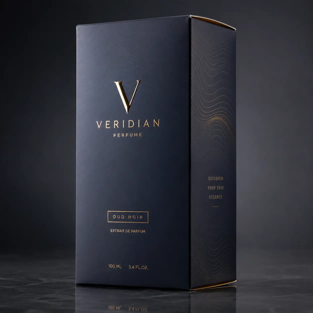Veridian Perfume Oud Noir Extrait de Parfum luxury navy blue gold foil box packaging 100ml elegant premium design