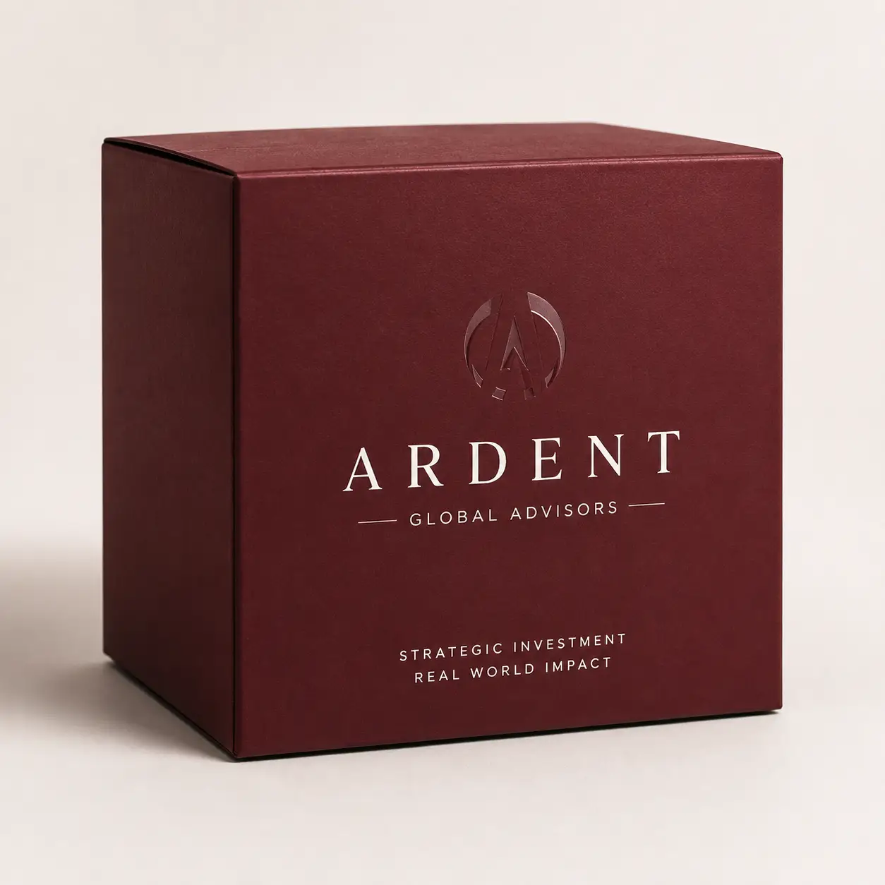 Luxury deep burgundy custom branded box for Ardent Global Advisors featuring embossed logo and elegant white typography