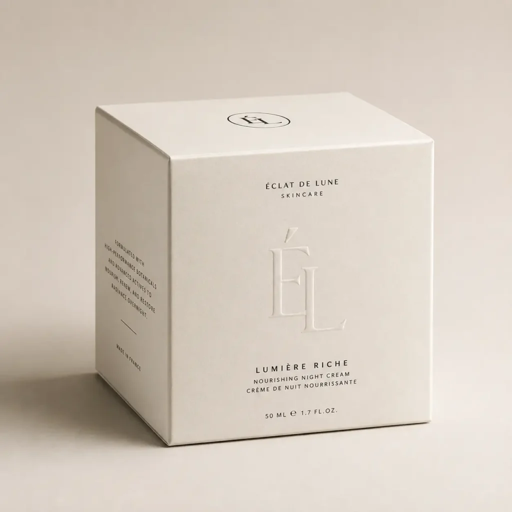 Éclat de Lune Lumière Riche luxury night cream white embossed skincare box packaging, minimalist French design, 50ml