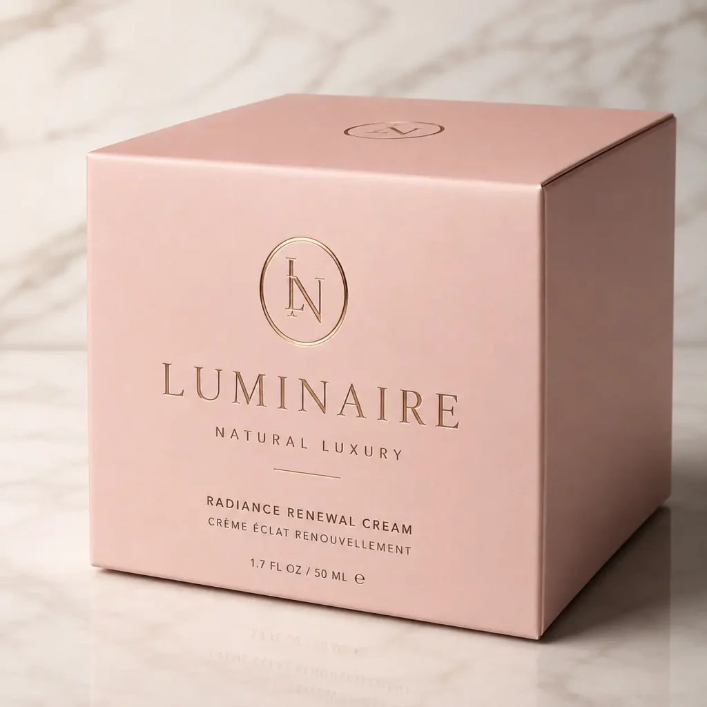Luminaire Natural Luxury Radiance Renewal Cream 50ml in elegant blush pink gold foil box on marble surface