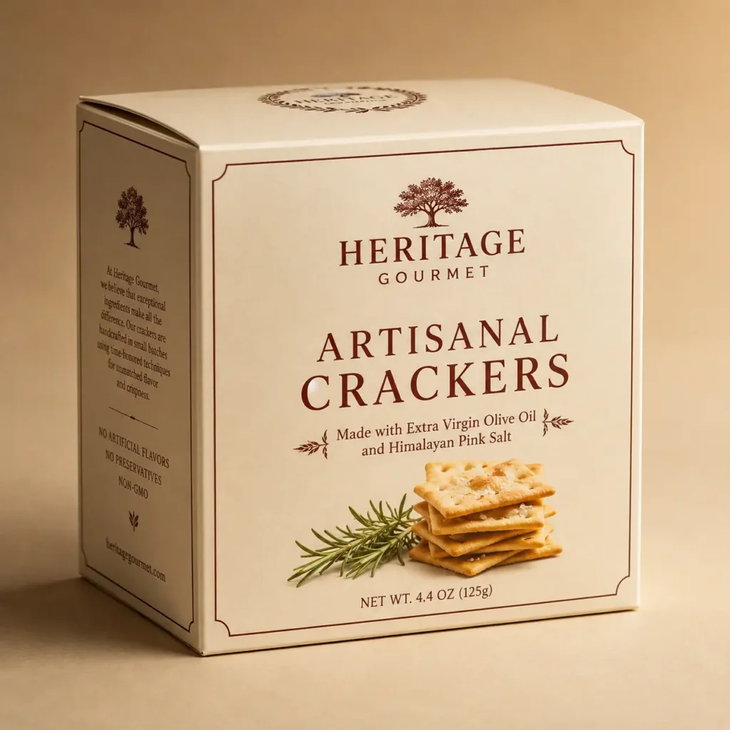 Heritage Gourmet artisanal crackers box, cream and burgundy premium food packaging design with olive tree logo, rosemary sprigs