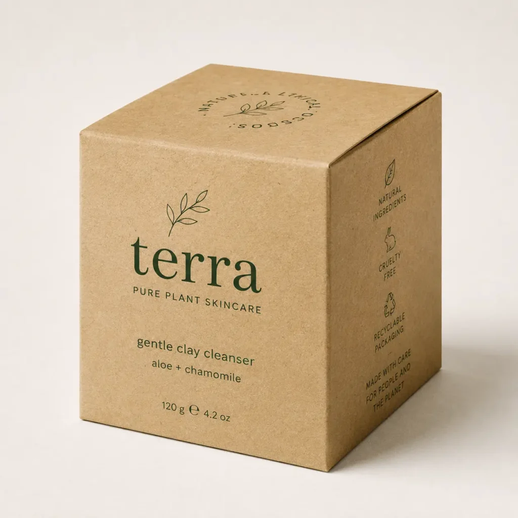 Terra Pure Plant Skincare gentle clay cleanser kraft brown eco-friendly recyclable cardboard box packaging with green botanical typography
