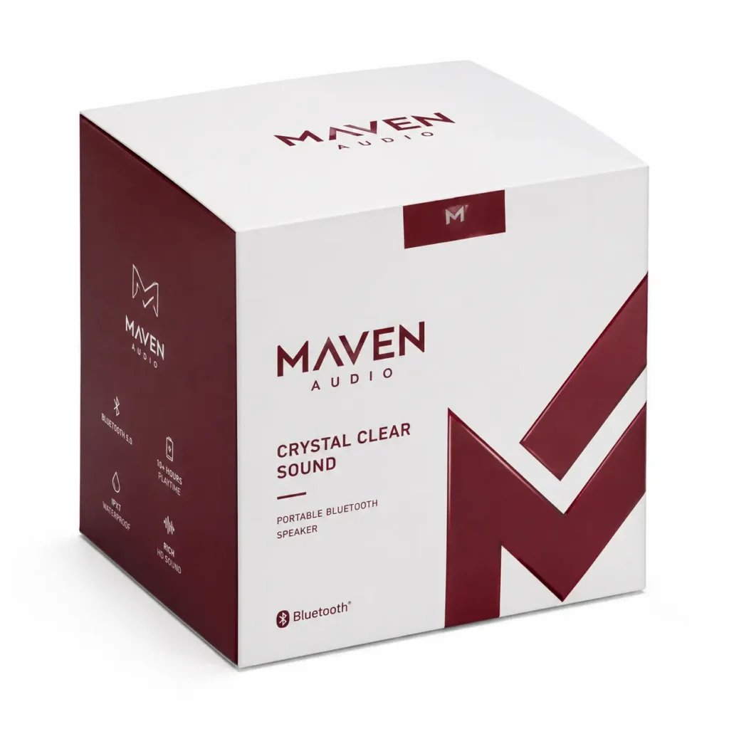 Maven Audio portable Bluetooth speaker box, white and dark red packaging, crystal clear sound, IPX7 waterproof, Bluetooth 5.0